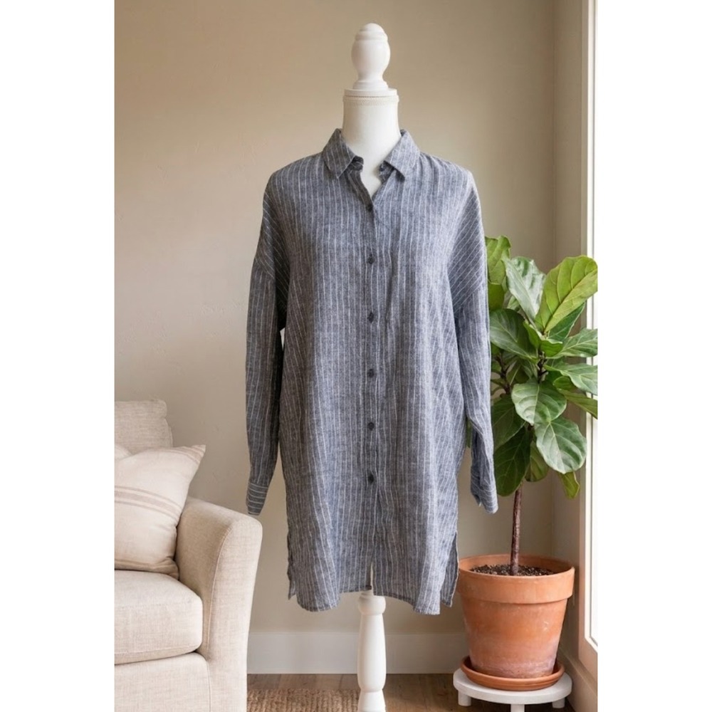 Eileen Fisher Classic Collar Shirt Women M Striped Organic Linen Coastal Grandma